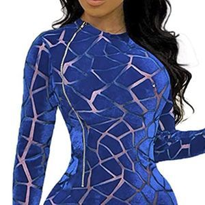 sedmoda Women's Sexy Bodycon Velvet Jumpsuits Long Sleeve Sheer Mesh